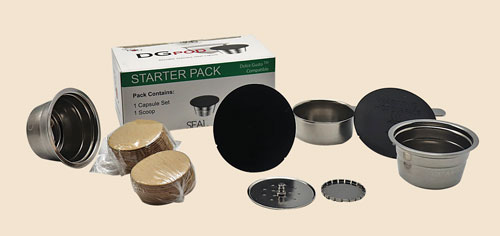 Cápsula em metal, compatível com Dolce Gusto, dispensador, tampas e filtros	€ 39,90